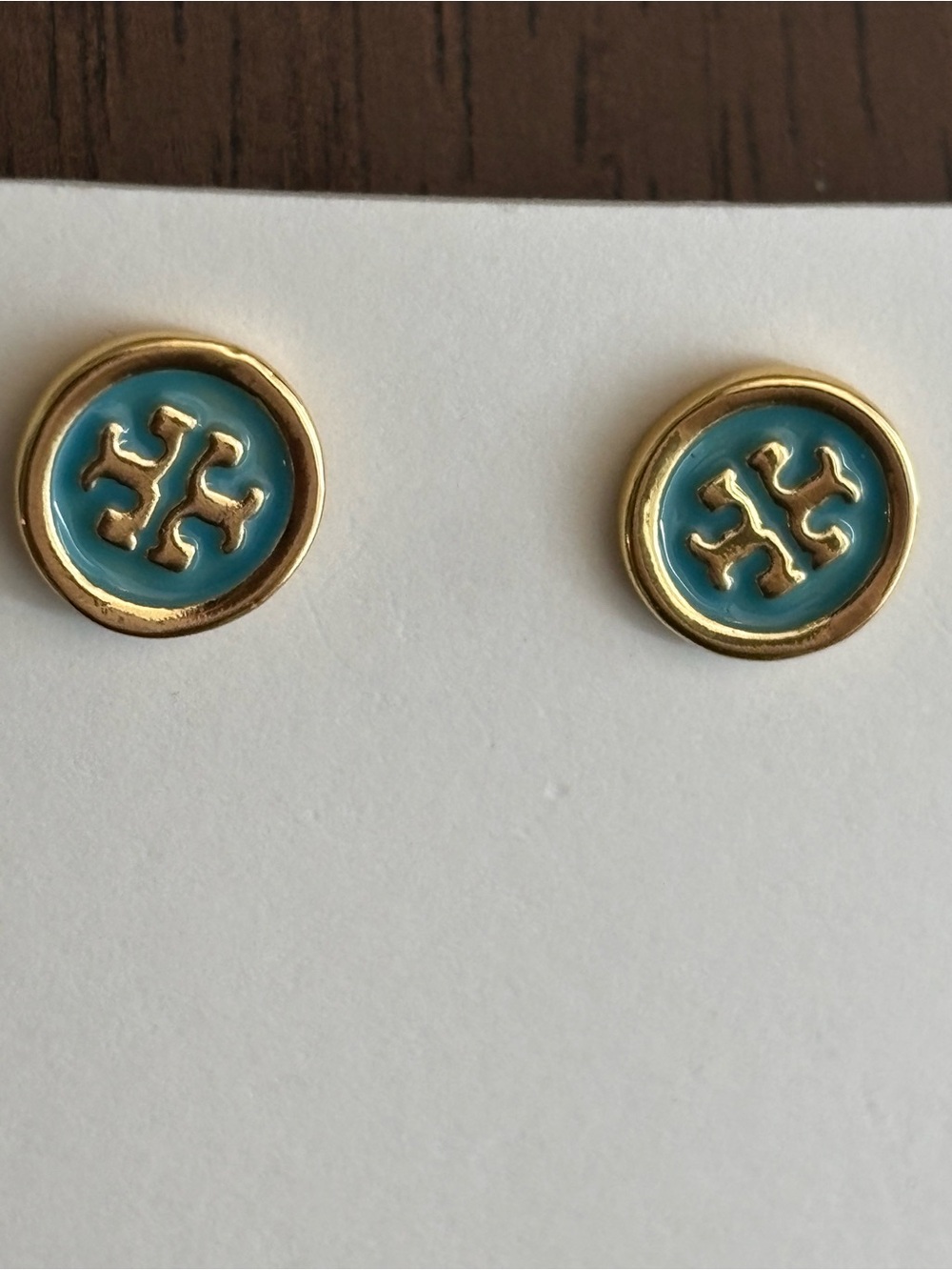 Tory Burch Gold and Turquoise Round Logo Studs, brand new